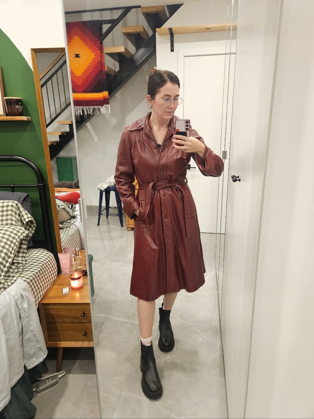 Maroon Vintage Leather Trench Coat with Belt